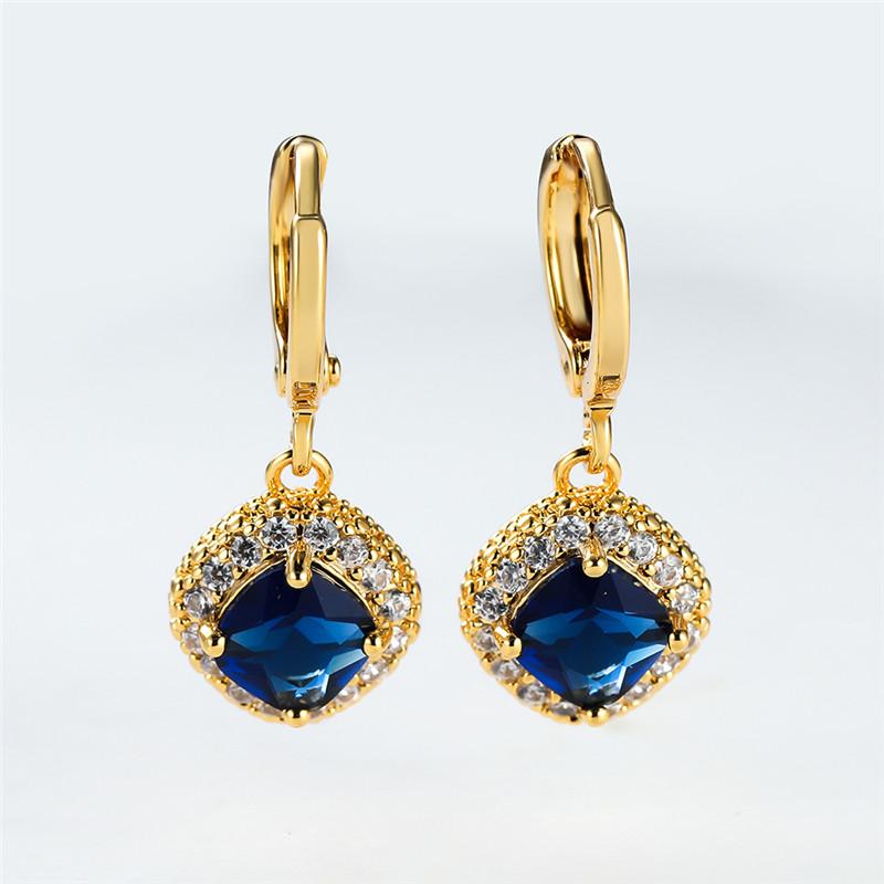 Blue Zircon Square Stone Hoop Earrings Female Luxury Crystal Wedding Earrings Vintage Gold Color Bridal Earrings for Women Gifts