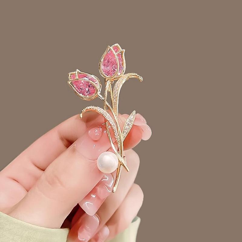 Zircon Tulip Flower Pearl Brooches For Women Sweet  Floral Lapel Pins Banquet Party Clothes Corsage Jewelry Gift