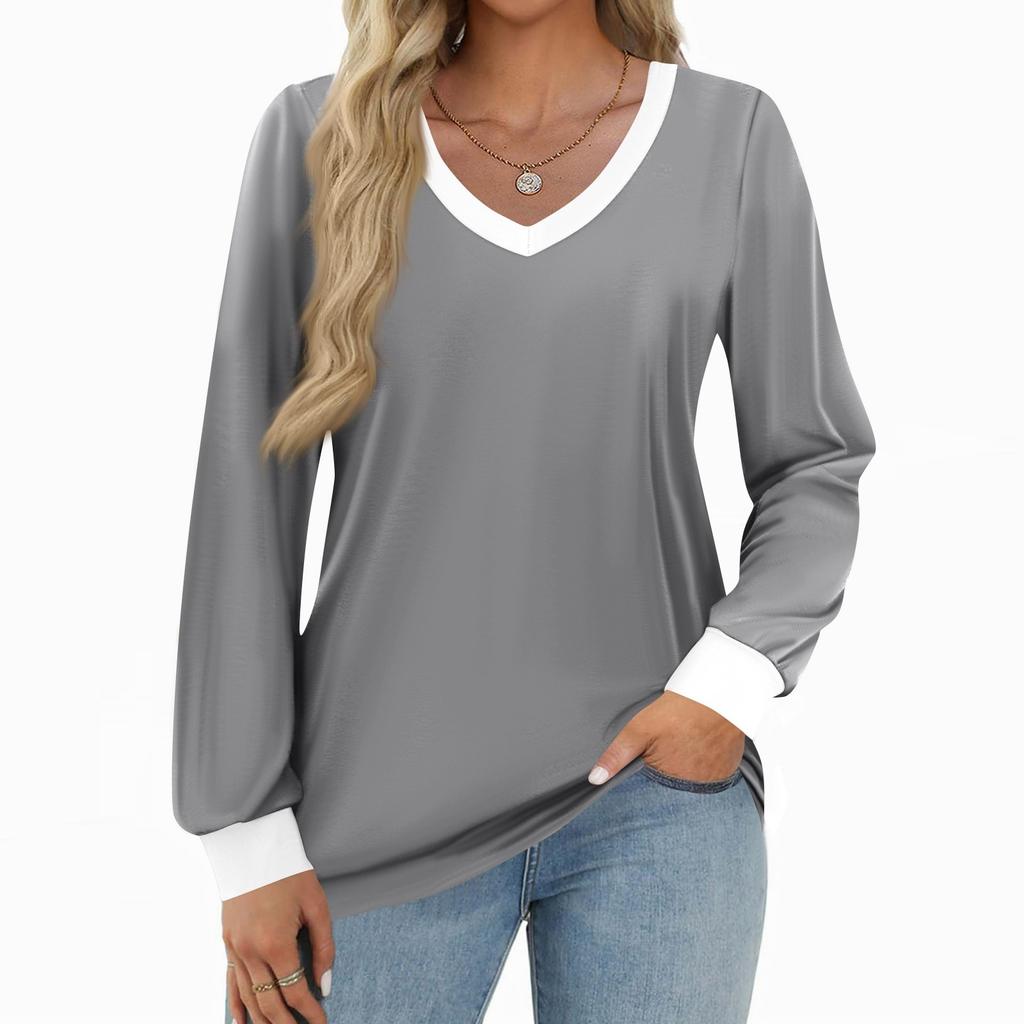 Women's Fashion Casual Long Sleeve Color Block Shirt Women's V-Neck Tops