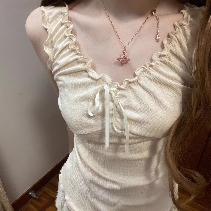 Hong Kong Style Spice Girl Small Suspender Top Women's Summer Slim and Thin Sleeveless Pure Desire To Wear V-neck Inside with Short Vest