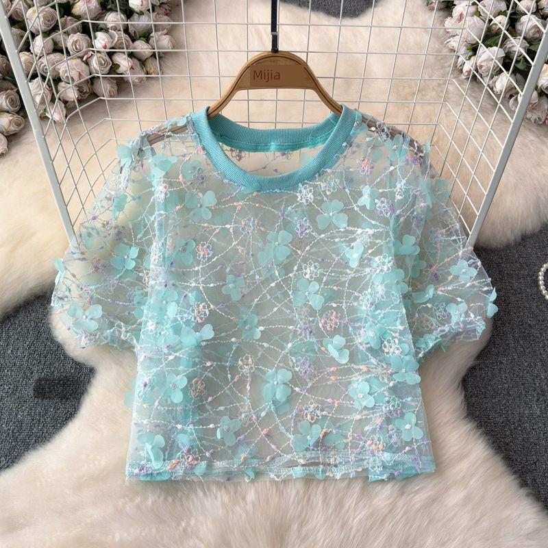 

Chic Three-Dimensional Petals Lace round Neck Tops Mesh Green All yards