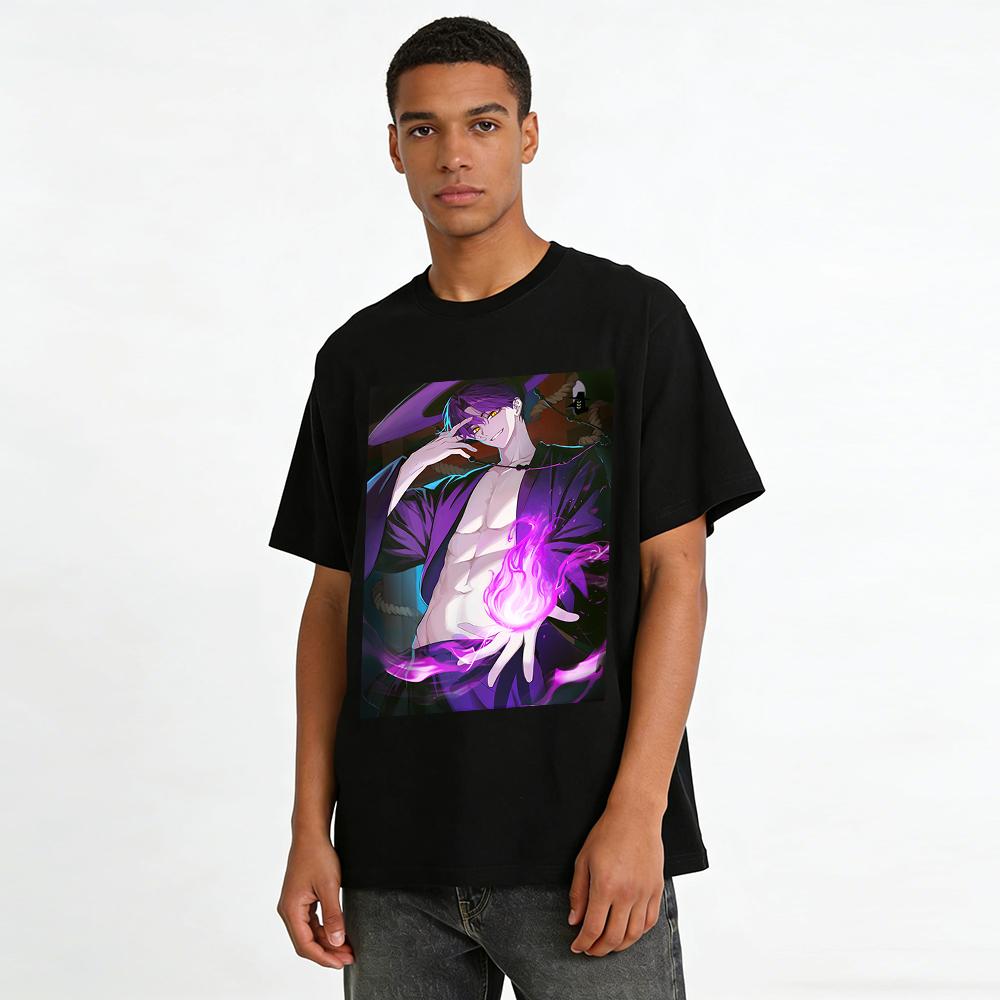 Anime Dark Style Purple Flame Boy Print Casual T-shirt Cool Anime Loose Comfortable Unisex Top Pure Cotton T-shirt