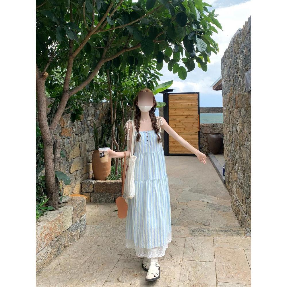 Blue striped suspender dress children's summer new women's small seaside vacation dress