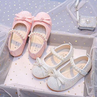 Girls' Sequin Bow Flats - 2025 Spring, Soft Sole Leather Pearl Shoes