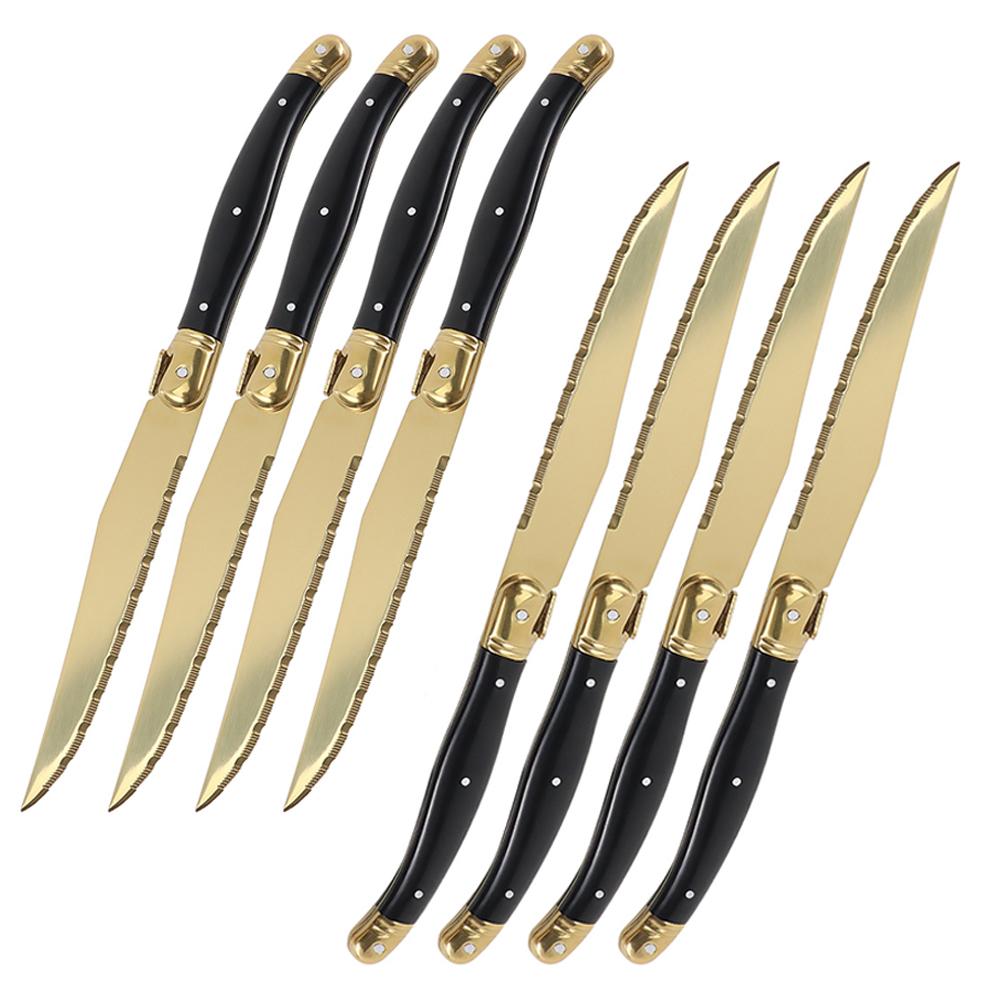

Jaswehome 4/6/8/12 шт. Набор ножей для стейка, титановое золотое покрытие, острые ножи, наборы столовых приборов для пищевых продуктов, черный золотой столовый нож