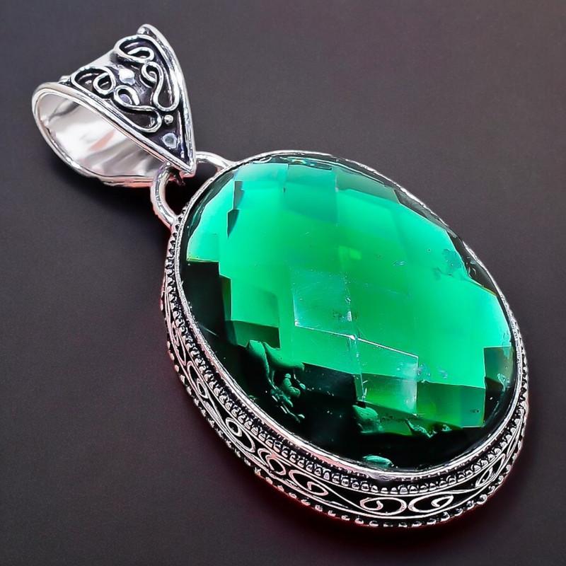 Chrome Diopside Gemstone Handmade 925 Sterling Silver Jewelry Pendant 2.17" AH-752