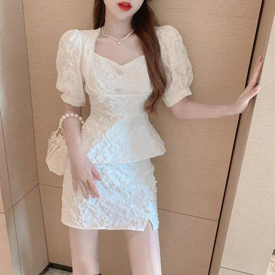

2026 Summer-Style Jacquard Short Shirt & Slit Midi Skirt Two-Piece Set for Women S