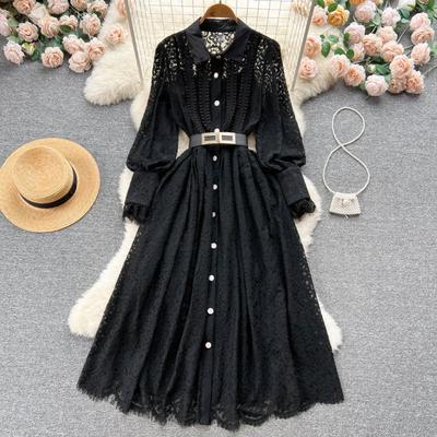 Women's Spring and Fall Lapel Heavy Industry Hook Flower Cutout French Lace Dress Feminine Sense Swing Over The Knee Long Dress
