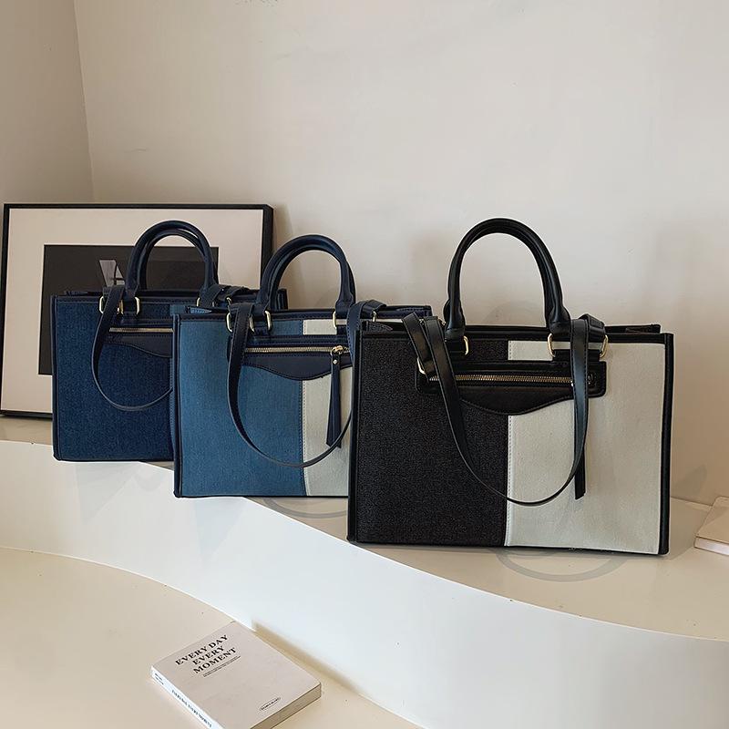 Fashion Splicing Contrasting Color Tote Bag Large Capacity New Denim Shoulder Bag Women's Commuter Messenger Bag