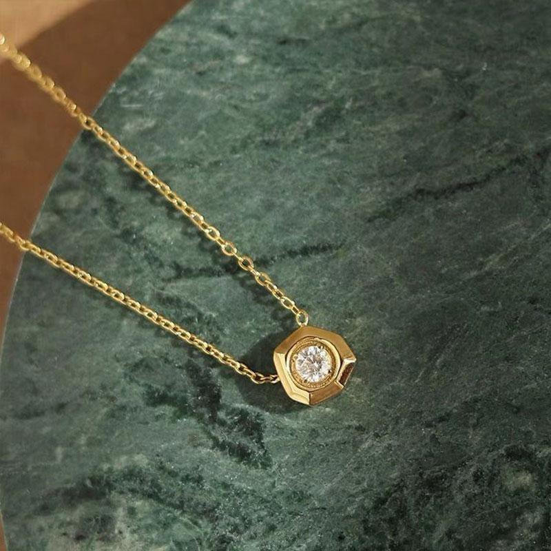 Simple Collier Pendentif Rond 1 Carat Zircone Cubique pour Femme Couleur Or Rose Chaîne en Cristal Coloré au Cou