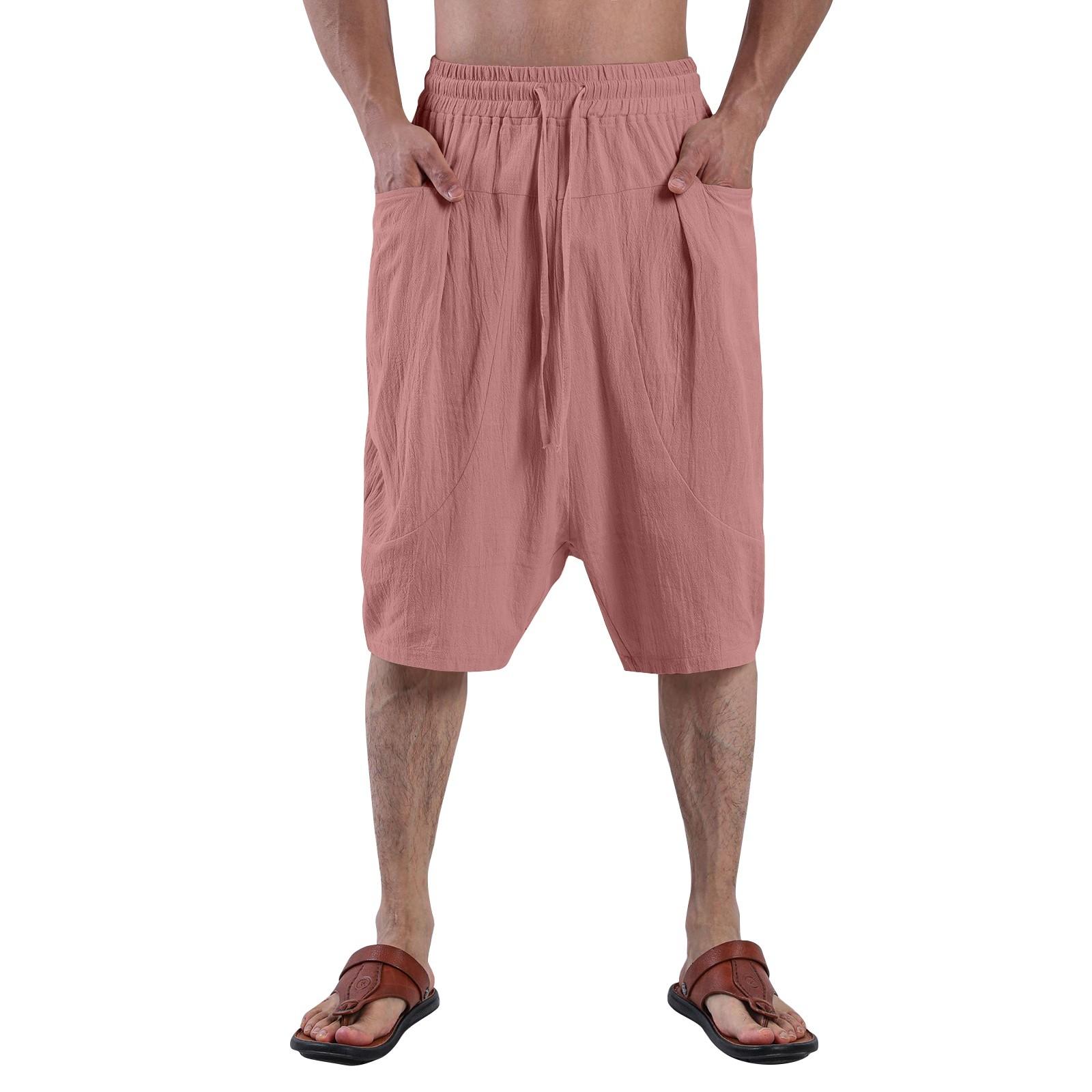 

Чоловічі повсякденні шорти зі шнурком, чоловічі дихаючі бавовняні лляні шорти з великими кишенями XL рожевий