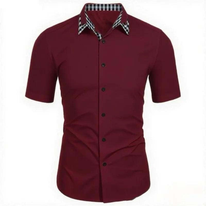 Mens Summer Short Sleeve Casual Plaid Collar Stretch Shirt S красный