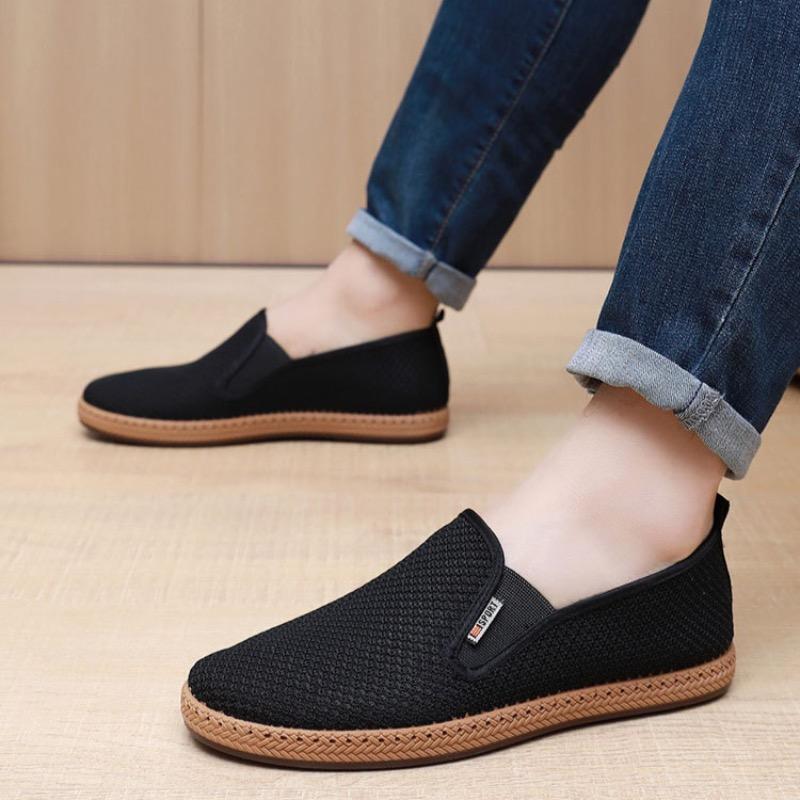 Classic Mens Canvas Shoe Outdoor Light Walking Flats Summer Breathable Hollow Out Mesh Shoes for Men Comfortable Slip-on Loafers