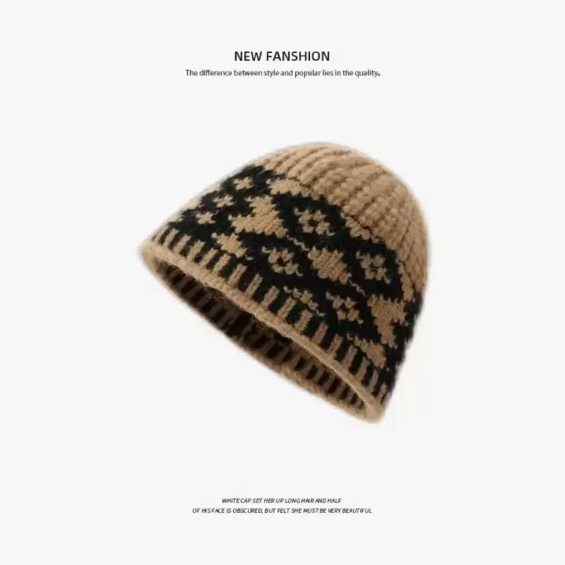 Plaid wool hat women's autumn and winter niche design sense knitted hat warm and cold-proof bag head cold hat