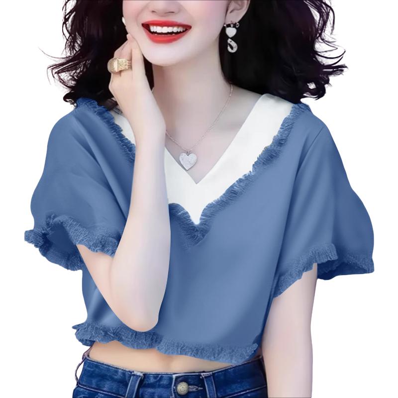 

ZANZEA Women Casual V-Neck Short Sleeve Summer Cropped Tops S синій