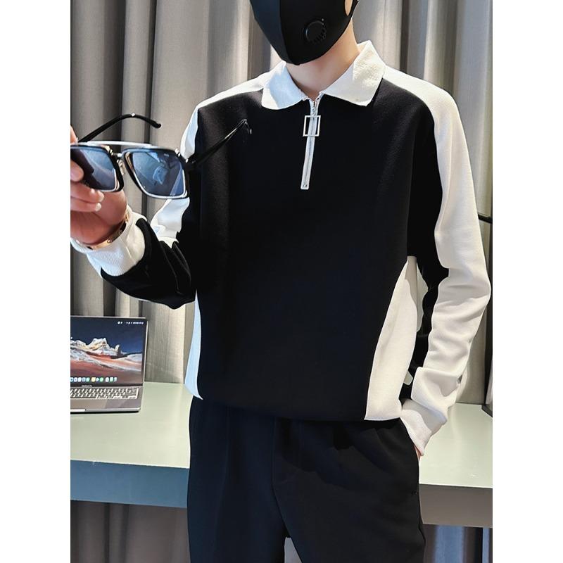 Autumn and Winter Men's Patchwork Sweatshirt Fashion Long Sleeve T-shirt High-end Korean Half Zip Polo Shirt