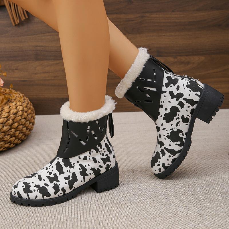 Fashion Winter New Thick Heel Cotton Boots Women's Fashion Round Head Cow Color Back Zipper Comfortable Short Boots