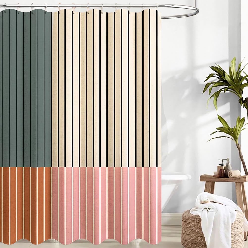 Abstract Linen Shower Curtain Sets Color Block Line Minimalism Bathroom Curtain Art Bath Curtain Waterproof and Linen Fabric for