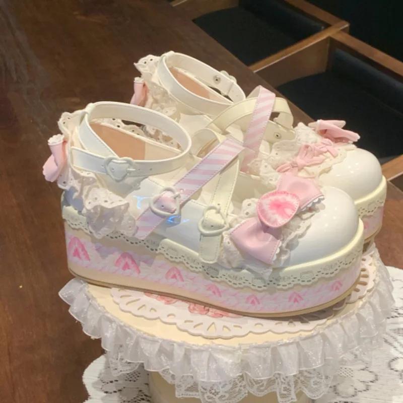 Cute Sweet Lolita Shoes Thick Sole Platform Women Pumps PU Leather Mary Janes Girls Sandals Cross Strap Party Princess Shoes