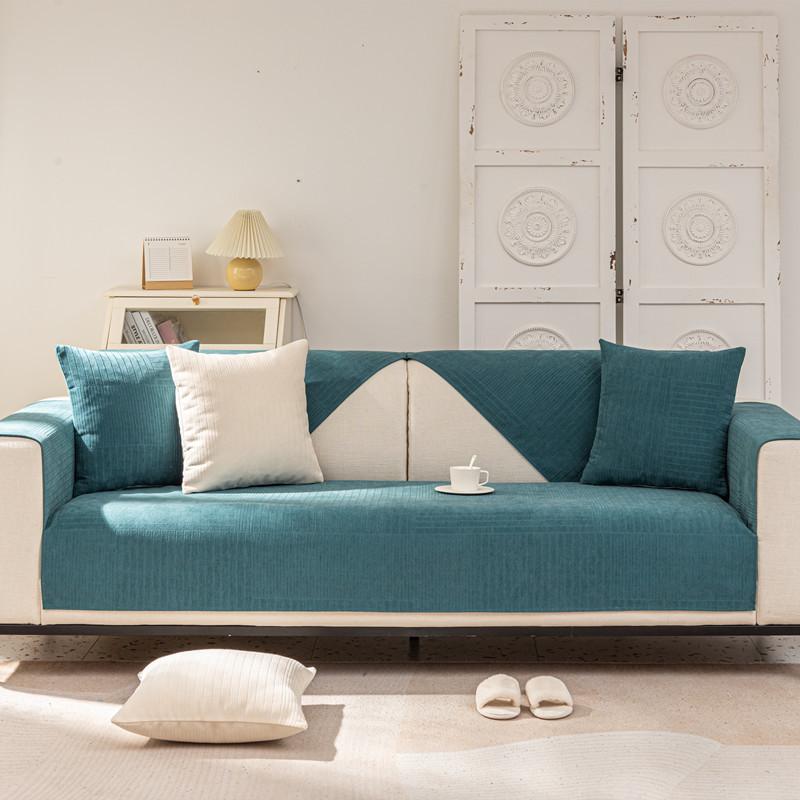 Modernes, schlichtes Chenille-Sofakissen in Volltonfarbe mit Streifen, ganzjährig rutschfest, kombiniertes Sofakissen-Handtuch