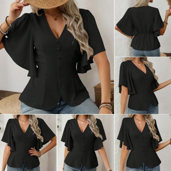 Damskie Bluzki Dekolt V Krótki Rękaw Motylkowy Jednorzędowa Koszula Miękki Elastyczny Design w Pasie Casualowa Bluzka Na Imprezę Wakacje Biuro Randkę