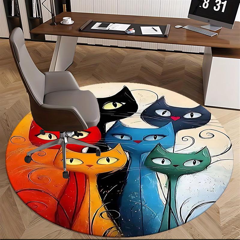 1pc Colorful Cat Faces Round Carpet Anime Design Office Chair Mat, Non Slip Rug for Home Decor