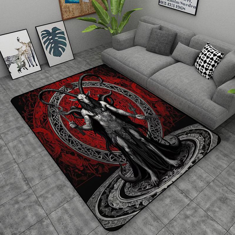 Schädel Baphomet Ziegen Dämon Raserei Bereichsteppich Blutrot-Baphomet Teppich-Baphomet Dekor-Satanische Matte-Satanische Heimdekoration