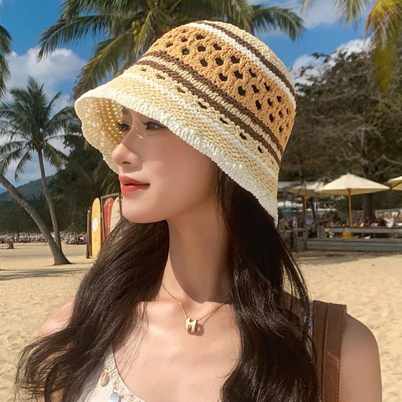 Women Hollow Crochet Bucket Hat Knit Fisherman Cap Lightweight Wide Brim Sun Hat for Summer Beach Outdoor Travel Daily Casual Sun Protection