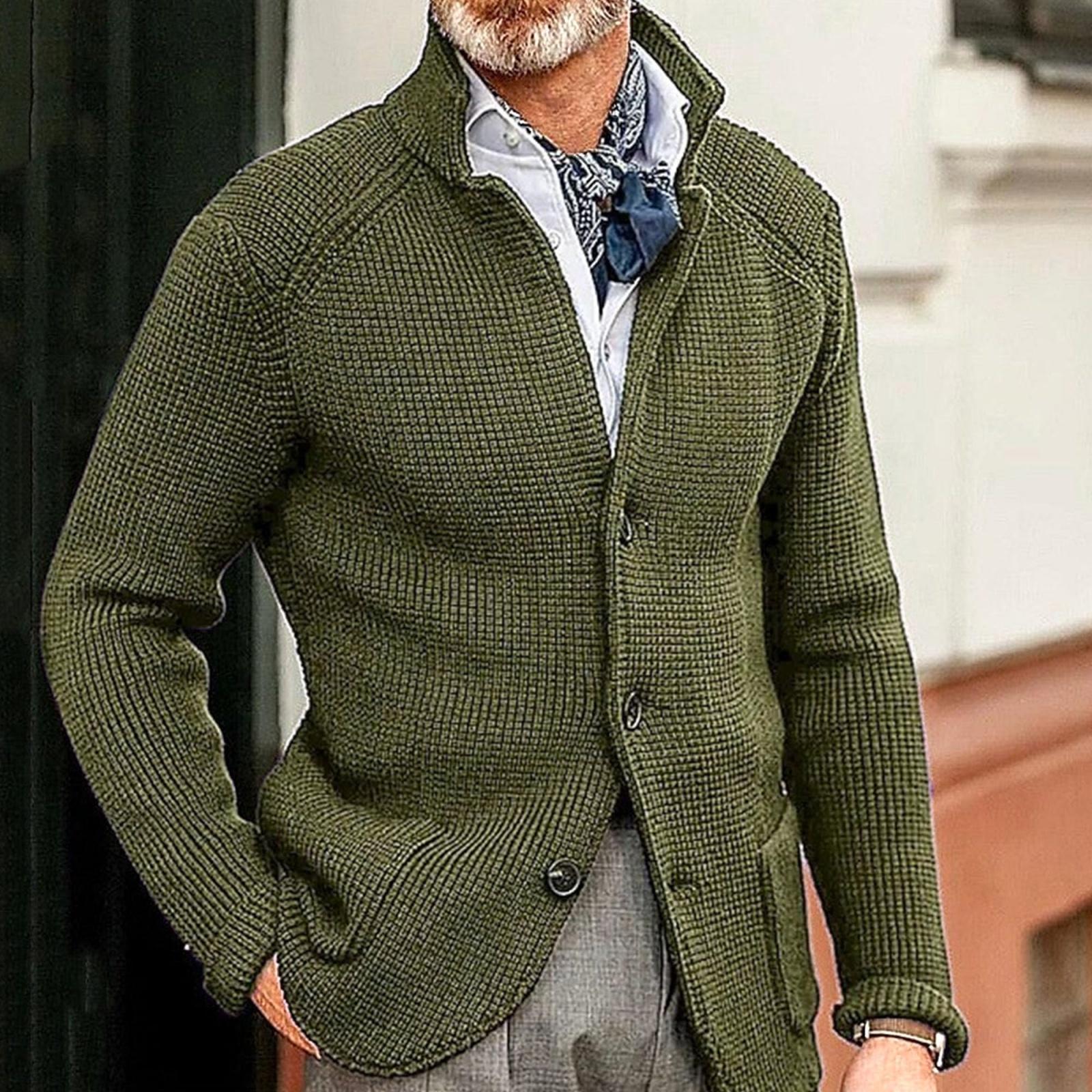 Men s Casual And Trendy -color Warm Sweater Jacket, Men s Long-sleeved Button-up Stand-up Neck Knitted Sweater L