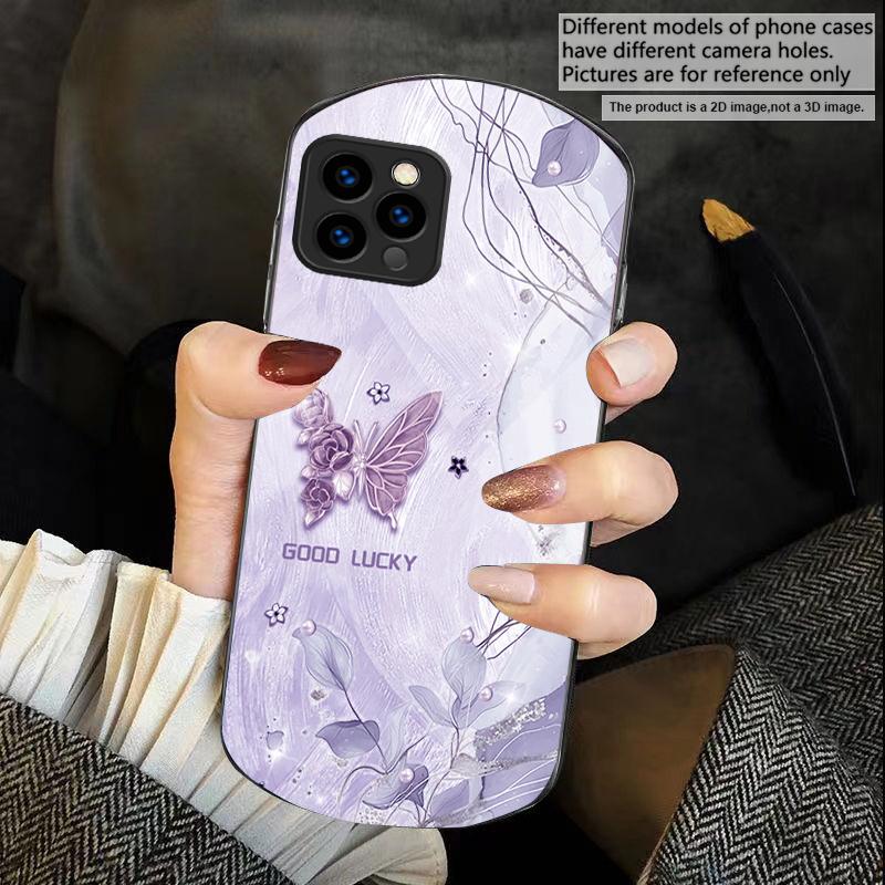 

Rose Fashion Butterfly For iPhone 17 Air 16 15 14 Pro 13 Plus 12 mini 11 Pro Max XR X 7 8 Elliptical Tempered Glass Phone Case iPhone17 Pro