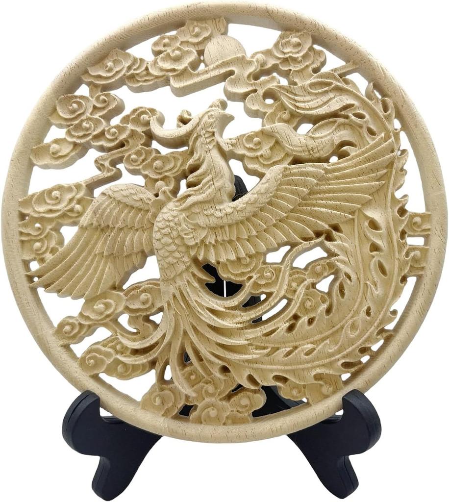 RemeeHi Phoenix Carved Wood Figurine, Feng Shui Guardian Statue for Luck, Wealth & Protection, Natural Wood Tabletop Entryway Decor, 15cm (Phoenix)