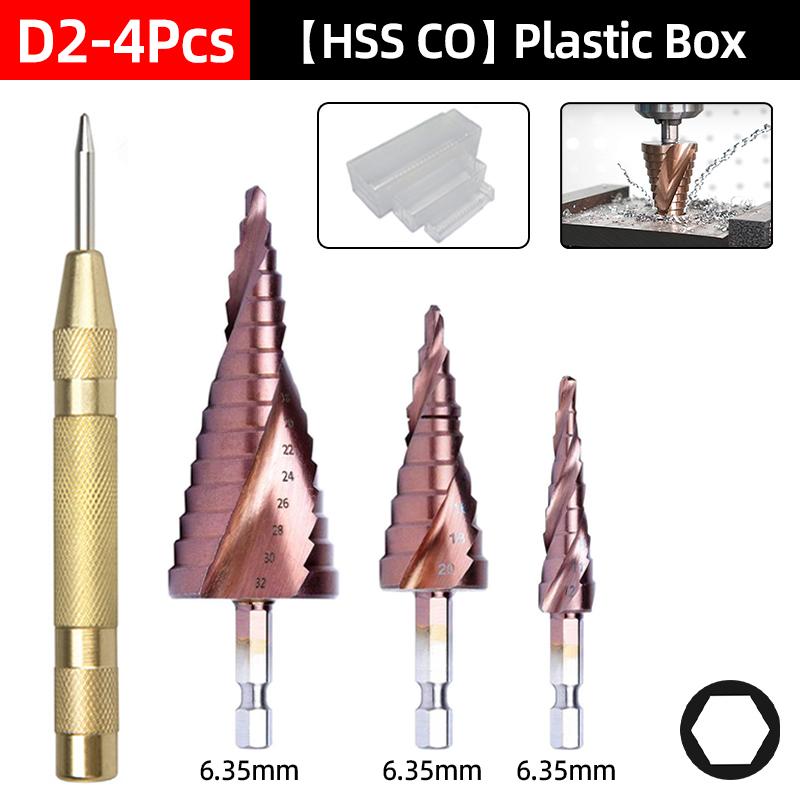HSS-CO Cobalt Step Drill Bit For Stainless Steel Metal Wood Hole Cutter Spiral Groove Triangle Hex Shank Drilling Tools