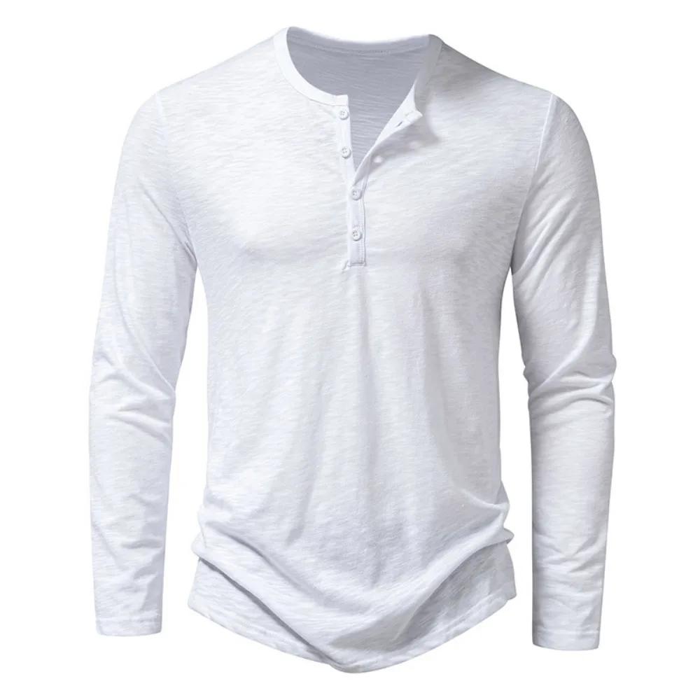 Autumn New Men'S Cotton Button Long Sleeve  Henley Neck T-Shirt Casual Solid Color Breathable Versatile Fashion Slim T-Shirts