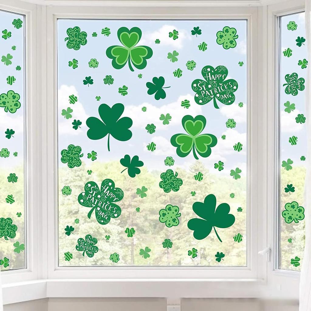 106Pcs St. Patrick's Day Window Clings, Green Shamrock Shaped Sticker Reble Static Window Stickers for Irish Day Decoration Spring Holiday Home