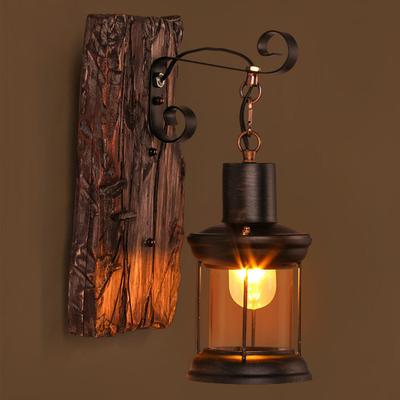 Antique Style Industrial Wood Wall Sconce Light E27 Decorate Lamp Metal Fixture Glass Shade