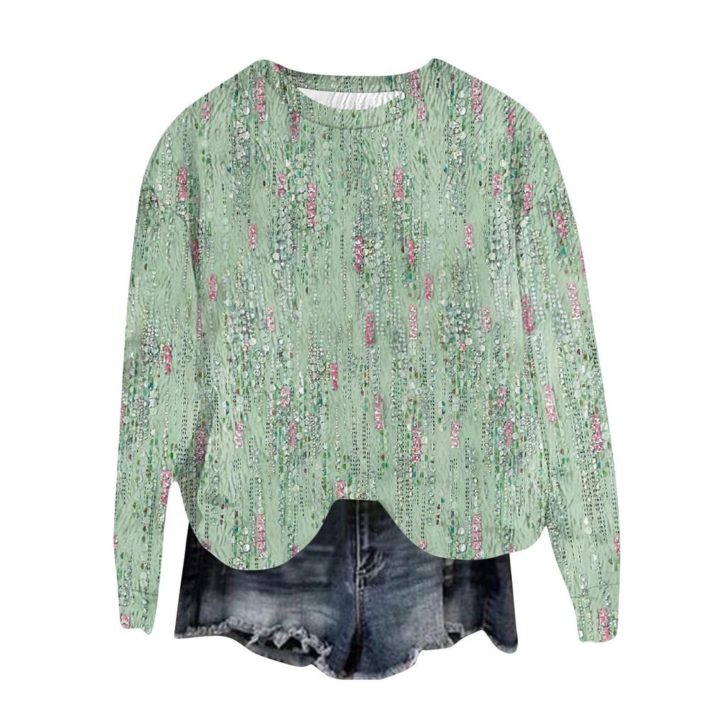 Women's Fashion Round Neck Pullover Top Long Sleeve Tee Printed Sweatshirt