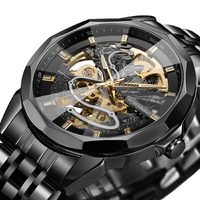 FORSINING Skelett Automatisch Mechanisch Herren Armbanduhren Diamantschliff Kristall Luxus Massives Edelstahlarmband Faltschließe