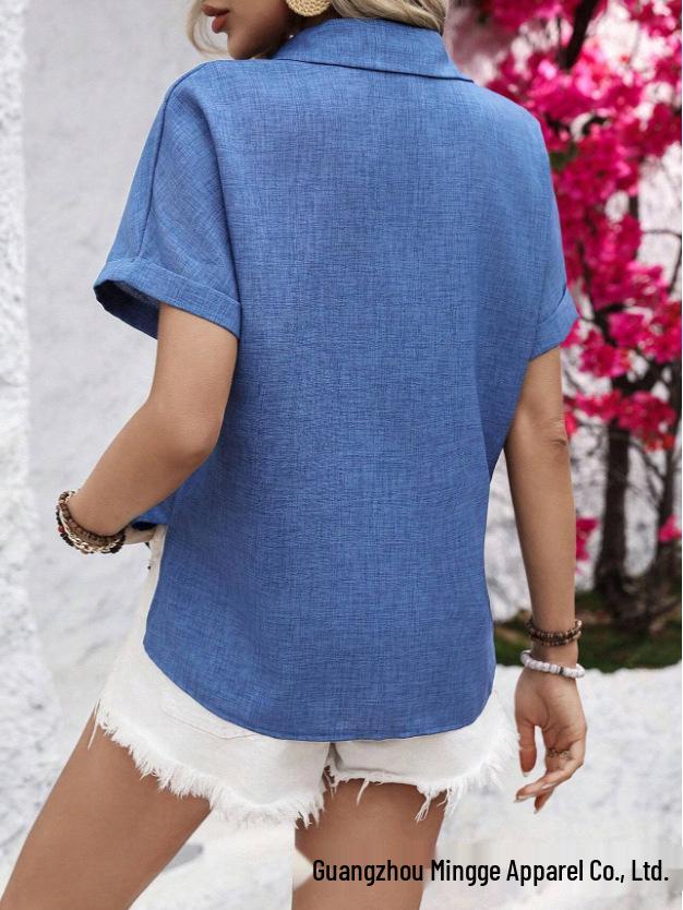 Women's Casual Pure Cotton Lapel Short Sleeve Shirt with Pocket