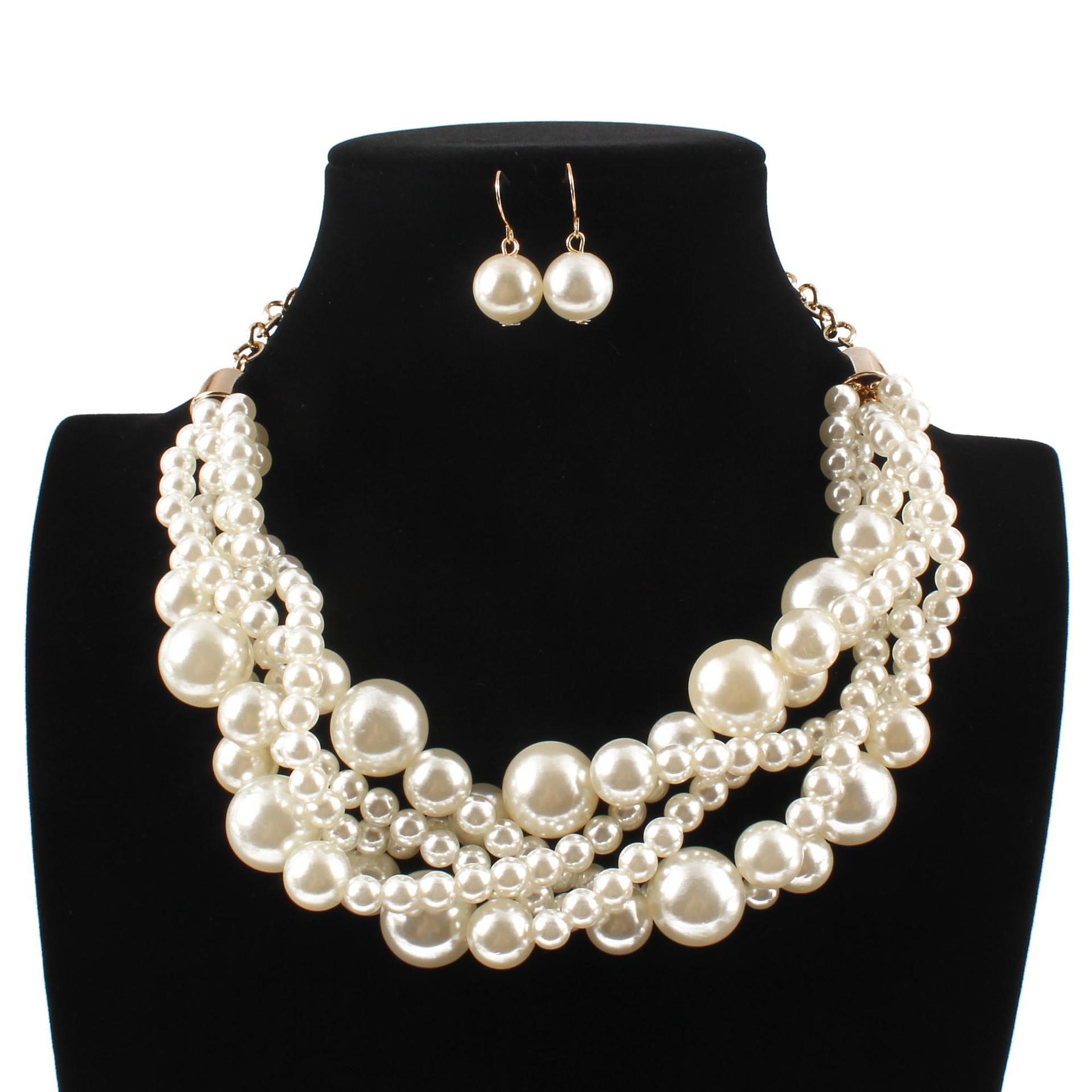 

Fashion bridal jewelry exaggerated woven collarbone chain temperament imitation pearl necklace earrings білий