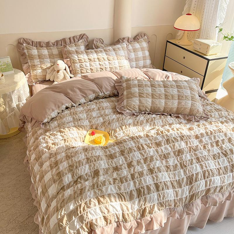Washed Cotton Plaid Seersucker Bed Four-piece Set, Bed Sheet, Bed Skirt, Quilt Cover, Dormitory Bedding Three-piece Set