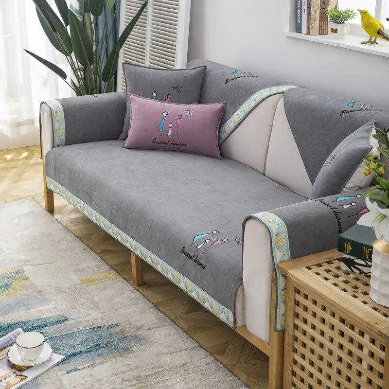 Chenille Dolphin Embroidered Sofa Towel Universal Sectional Solid Color Sofa Cover Modern Anti-slip Couch Cover for Living Room