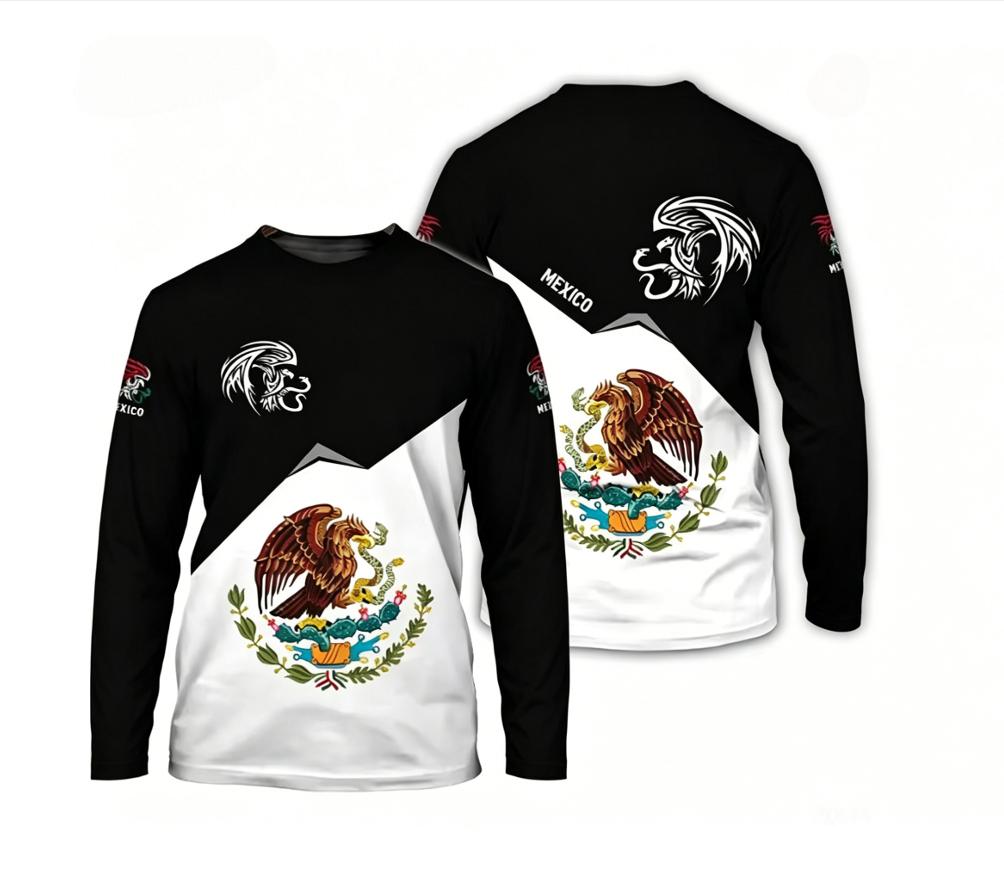Men's 3D printed Mexican flag long sleeved fashionable round neck top street style Harajuku style long sleeved T-shirt