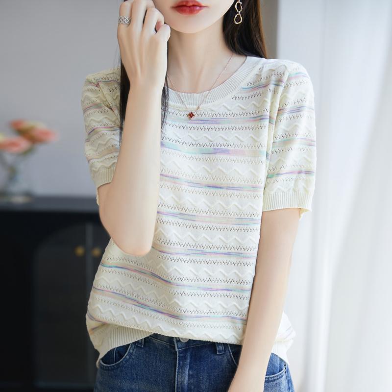 Women Knit T-shirt Summer Knitted Shirt Short Sleeve Tees O-neck Pullover Knit Tops Female
