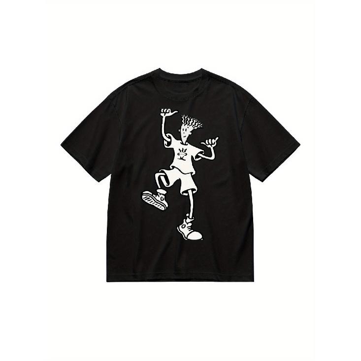 Men's Plus Size Oversized T-Shirt with Fido Dido Cartoon Graphic - Soft Breathable Black Retro Streetwear Tee, Loose Fit Crewneck Short Sleeve Shirt