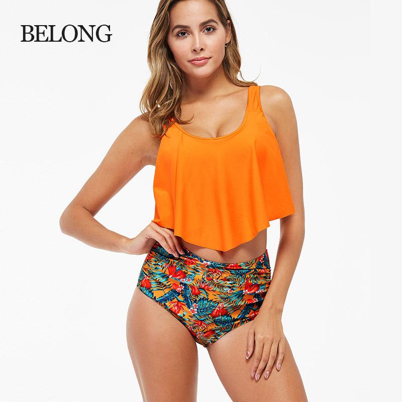 Large Size Women's Fashion Modest Two Pieces Swimsuit Padded Ruffled Top High Waisted Bottom Swimwear Set Printed Backless Tankini Bathing Suit