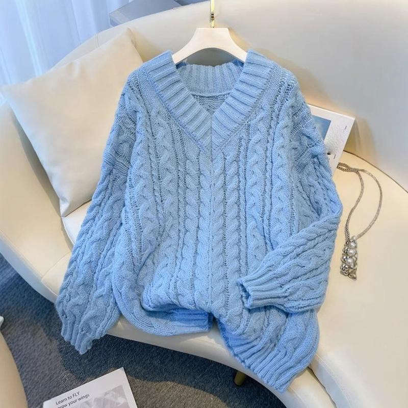 Verdikte V-hals Gedraaide Trui Dames Herfst Winter Gebreide Basislaag Top Lazy Style Design van het Seizoen