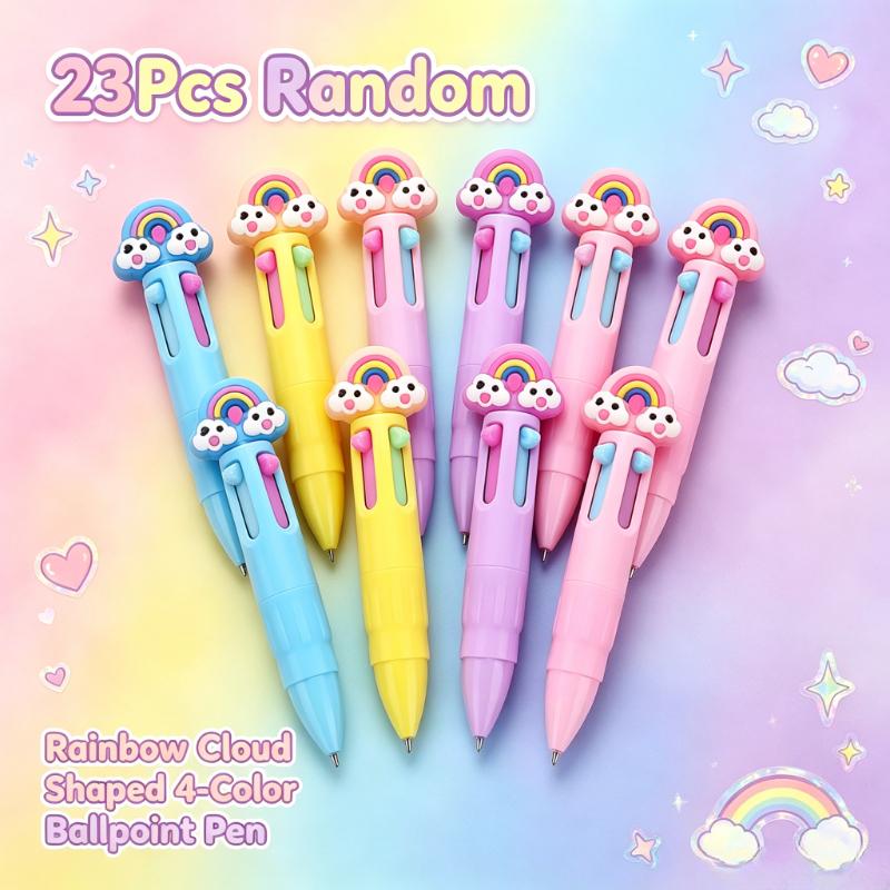 23Pcs Random Cartoon Cute Rainbow Cloud Topper Four-Color Ballpoint Pens, Portable Multifunctional Writing Pens,Office&Student Stationery