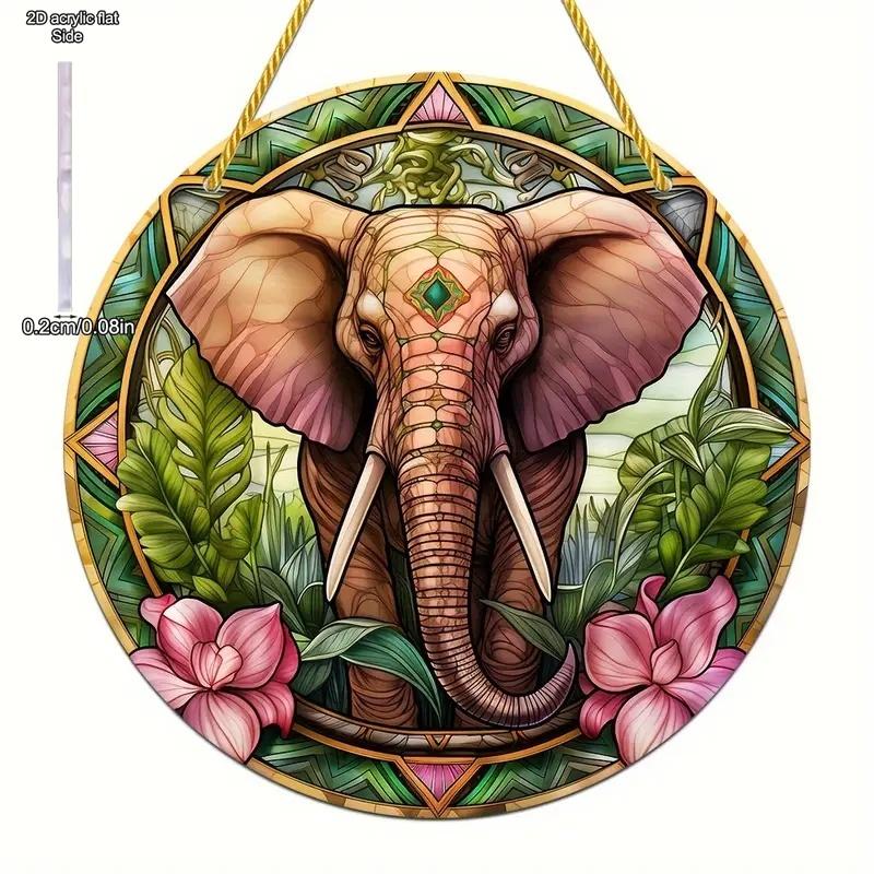 Vintage, Vibrant 2D Elephant Acrylic Circular Catcher, Animal Themed, Novelty Home Decor, Perfect Durable for Bedroom
