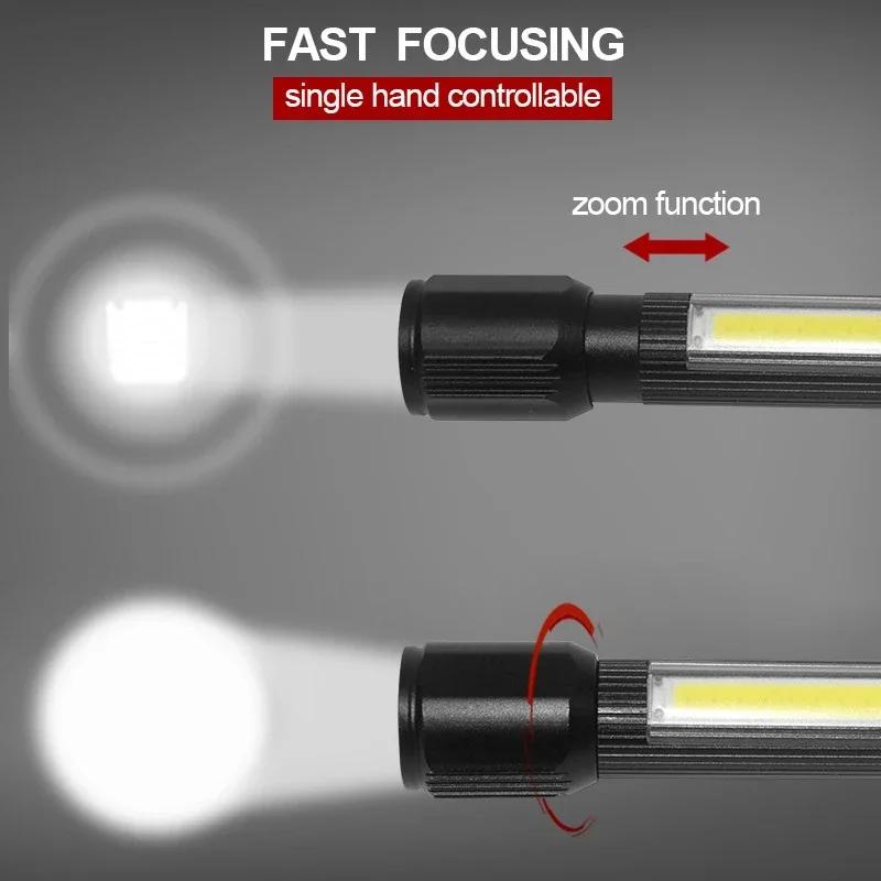 Super Bright LED Flashlight COB Work Light 3 Modes USB Rechargeable Torch Camping Lantern with Hook Waterproof Flash Lights