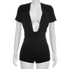 D25RP581 Solid Color Slim Fit Sexy Deep V Drape Neck Short Sleeve Jumpsuit Shorts